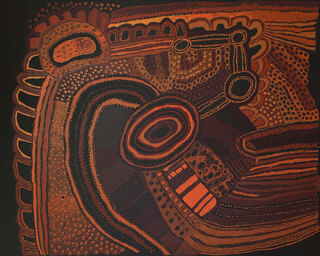 Australian Indigenous (Aboriginal and Torres Strait Islander) artwork by JUDY MARTIN of Mimili Maku Arts. The title is Ngayuku Mamaku Ngura (My Father’s Country). [280-19] (Acrylic on Linen)