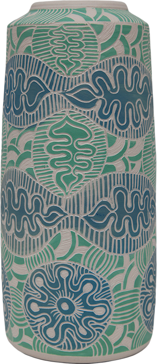 Australian Indigenous (Aboriginal and Torres Strait Islander) artwork by TJIMPUNA WILLIAMS of Ernabella Artists. The title is Ngayuku Ngura. [318C-14] (Stoneware with Sgraffito)