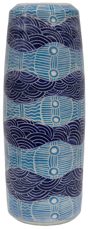 Australian Indigenous (Aboriginal and Torres Strait Islander) artwork by TJIMPUNA WILLIAMS of Ernabella Artists. The title is Ngayuku Ngura. [341C-14] (Stoneware with Sgraffito)