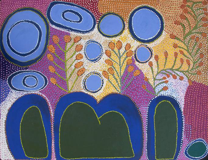 Australian Indigenous (Aboriginal and Torres Strait Islander) artwork by RUBY TJANGAWA WILLIAMSON of Tjala Artists. The title is Ngayuku Ngura - My Country. [785-13] (Acrylic on Linen)