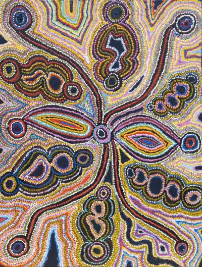Australian Indigenous (Aboriginal and Torres Strait Islander) artwork by BARNEY WANGIN of Tjala Artists. The title is Ngayuku ngura - My Country. [0014-08] (Acrylic on Linen)
