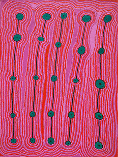 Australian Indigenous (Aboriginal and Torres Strait Islander) artwork by RAY KEN of Tjala Artists. The title is Ngayuku Ngura - My Country. [2021-07] (Acrylic on Linen)