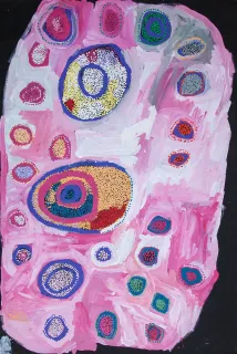 Australian Indigenous (Aboriginal and Torres Strait Islander) artwork by NOLA YURNANGURNU CAMPBELL of Warakurna Artists. The title is Ngayuku Ngurra. [100-19] (Acrylic on Canvas)