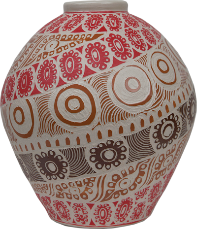 Australian Indigenous (Aboriginal and Torres Strait Islander) artwork by ALISON (MILYIKA) CARROLL of Ernabella Artists. The title is Ngayuku Walka. [298C-14] (Stoneware with Sgraffito)