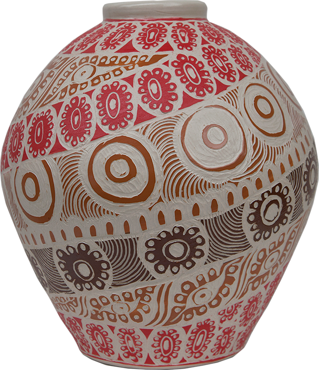 Australian Indigenous (Aboriginal and Torres Strait Islander) artwork by ALISON (MILYIKA) CARROLL of Ernabella Artists. The title is Ngayuku Walka. [298C-14] (Stoneware with Sgraffito)