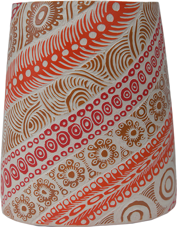 Australian Indigenous (Aboriginal and Torres Strait Islander) artwork by ALISON (MILYIKA) CARROLL of Ernabella Artists. The title is Ngayuku Walka. [299C-14] (Stoneware with Sgraffito)