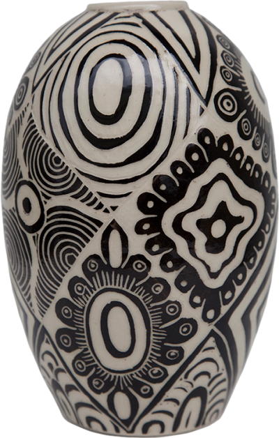 Australian Indigenous (Aboriginal and Torres Strait Islander) artwork by ALISON (MILYIKA) CARROLL of Ernabella Artists. The title is Ngayuku Walka. [300C-14] (Stoneware with Sgraffito)