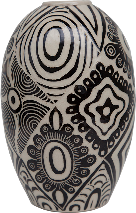 Australian Indigenous (Aboriginal and Torres Strait Islander) artwork by ALISON (MILYIKA) CARROLL of Ernabella Artists. The title is Ngayuku Walka. [300C-14] (Stoneware with Sgraffito)