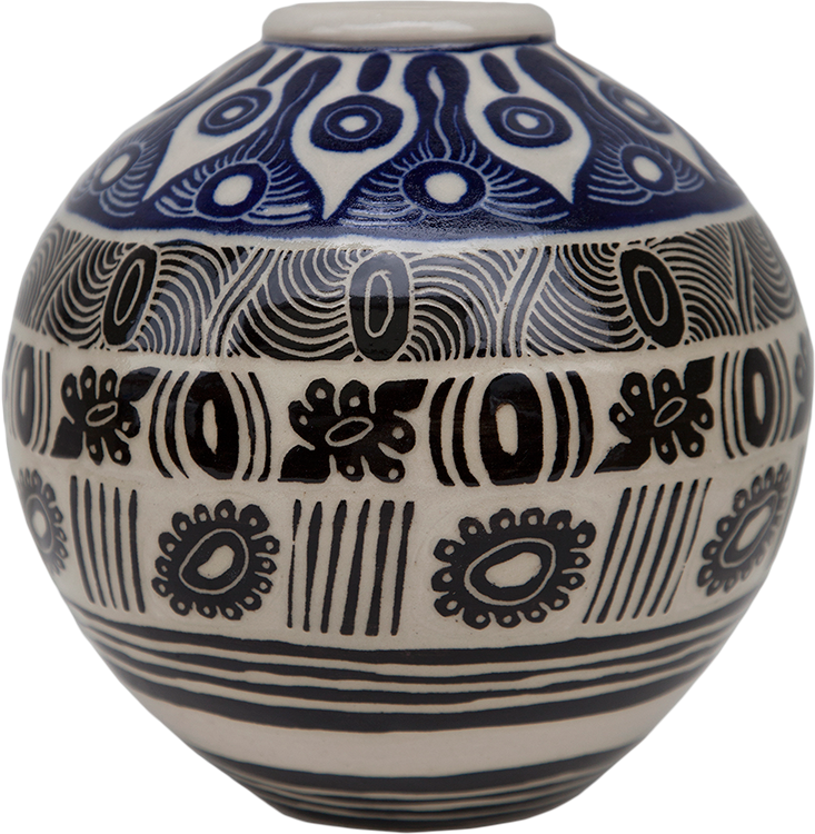 Australian Indigenous (Aboriginal and Torres Strait Islander) artwork by ALISON (MILYIKA) CARROLL of Ernabella Artists. The title is Ngayuku Walka. [301C-14] (Stoneware with Sgraffito)