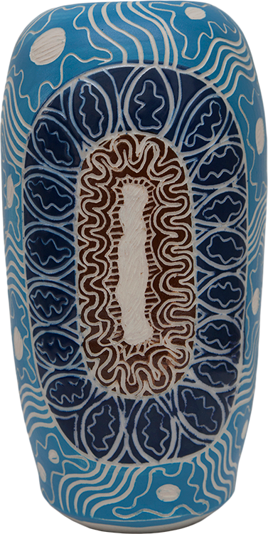 Australian Indigenous (Aboriginal and Torres Strait Islander) artwork by TJIMPUNA WILLIAMS of Ernabella Artists. The title is Ngayuku Walka. [311C-14] (Stoneware with Sgraffito)