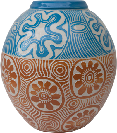 Australian Indigenous (Aboriginal and Torres Strait Islander) artwork by TJIMPUNA WILLIAMS of Ernabella Artists. The title is Ngayuku Walka. [312C-14] (Stoneware with Sgraffito)