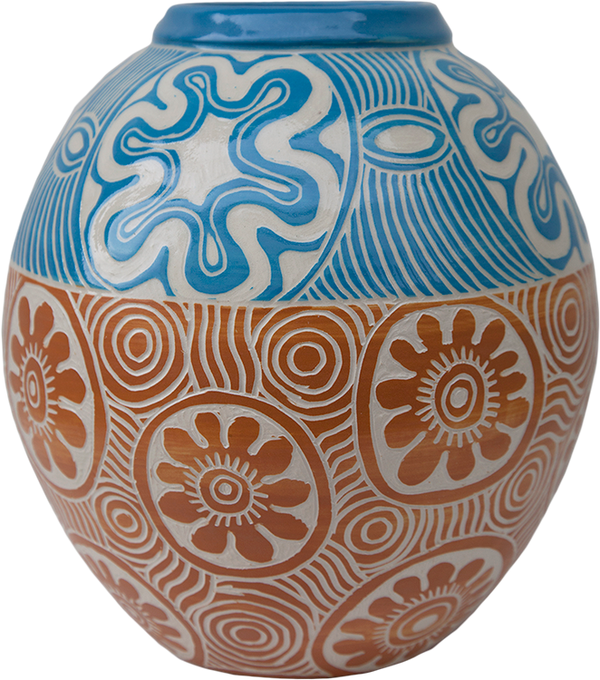 Australian Indigenous (Aboriginal and Torres Strait Islander) artwork by TJIMPUNA WILLIAMS of Ernabella Artists. The title is Ngayuku Walka. [312C-14] (Stoneware with Sgraffito)