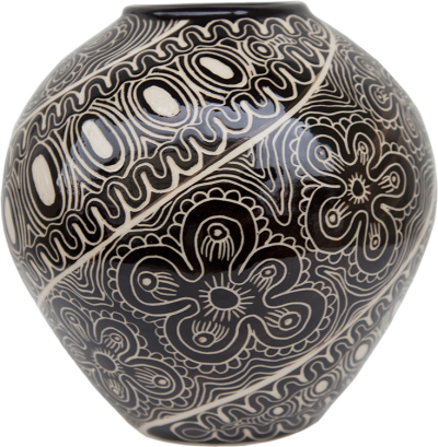 Australian Indigenous (Aboriginal and Torres Strait Islander) artwork by TJIMPUNA WILLIAMS of Ernabella Artists. The title is Ngayuku Walka. [313C-14] (Stoneware with Sgraffito)