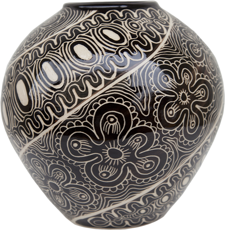 Australian Indigenous (Aboriginal and Torres Strait Islander) artwork by TJIMPUNA WILLIAMS of Ernabella Artists. The title is Ngayuku Walka. [313C-14] (Stoneware with Sgraffito)