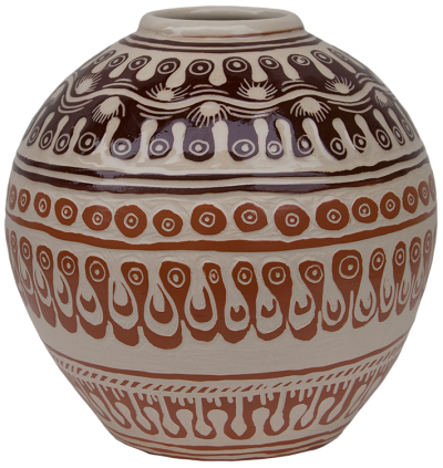 Australian Indigenous (Aboriginal and Torres Strait Islander) artwork by ALISON (MILYIKA) CARROLL of Ernabella Artists. The title is Ngayuku Walka. [321C-14] (Stoneware with Sgraffito)