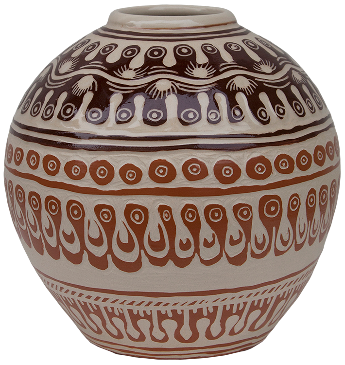 Australian Indigenous (Aboriginal and Torres Strait Islander) artwork by ALISON (MILYIKA) CARROLL of Ernabella Artists. The title is Ngayuku Walka. [321C-14] (Stoneware with Sgraffito)