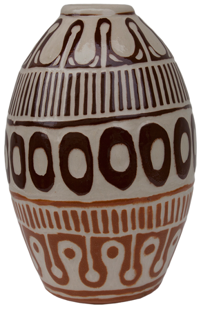 Australian Indigenous (Aboriginal and Torres Strait Islander) artwork by ALISON (MILYIKA) CARROLL of Ernabella Artists. The title is Ngayuku Walka. [322C-14] (Stoneware with Sgraffito)