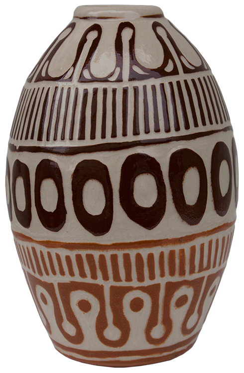 Australian Indigenous (Aboriginal and Torres Strait Islander) artwork by ALISON (MILYIKA) CARROLL of Ernabella Artists. The title is Ngayuku Walka. [322C-14] (Stoneware with Sgraffito)