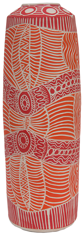 Australian Indigenous (Aboriginal and Torres Strait Islander) artwork by TJIMPUNA WILLIAMS of Ernabella Artists. The title is Ngayuku Walka. [343C-14] (Stoneware with Sgraffito)