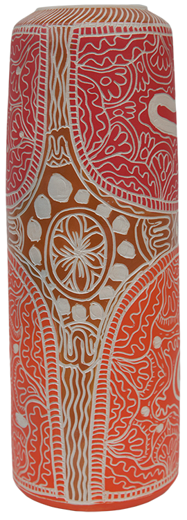 Australian Indigenous (Aboriginal and Torres Strait Islander) artwork by TJIMPUNA WILLIAMS of Ernabella Artists. The title is Ngayuku Walka. [344C-14] (Stoneware with Sgraffito)