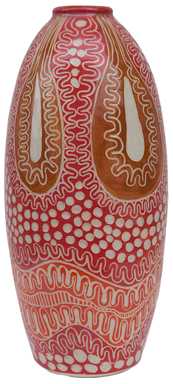 Australian Indigenous (Aboriginal and Torres Strait Islander) artwork by TJIMPUNA WILLIAMS of Ernabella Artists. The title is Ngayuku Walka. [346C-14] (Stoneware with Sgraffito)