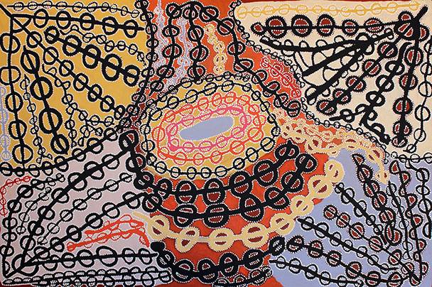 Australian Indigenous (Aboriginal and Torres Strait Islander) artwork by PETER MUNGKURI of Iwantja Artists. The title is Ngura (Country). [463-14] (Acrylic on Canvas)