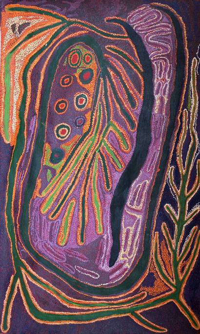 Australian Indigenous (Aboriginal and Torres Strait Islander) artwork by IYAWI WIKILYIRI of Tjungu Palya Artists. The title is Ngura Ngarutjara. [13408] (Acrylic on Linen)