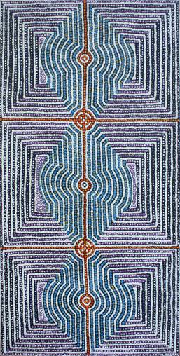 Australian Indigenous (Aboriginal and Torres Strait Islander) artwork by GLORIA NAPANGARDI GILL of Warlukurlangu Artists (Yuendumu). The title is Ngurlu Jukurrpa (Native Seed Dreaming). [204/13ny] (Acrylic on Belgian Linen)