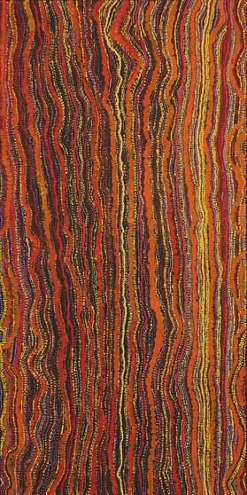 Australian Indigenous (Aboriginal and Torres Strait Islander) artwork by SARAH NAPURRURLA LEO of Warlukurlangu Artists (Yuendumu). The title is Ngurlu Jukurrpa (Native Seed Dreaming). [2384/13] (Acrylic on Belgian Linen)