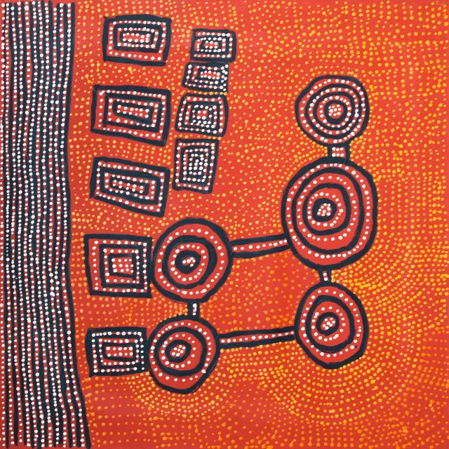 Australian Indigenous (Aboriginal and Torres Strait Islander) artwork by MARTIN TJAMPITJINPA of Papunya Tula Artists. The title is Ngurrapulangu. [MT0702180] (Acrylic on Belgian Linen)