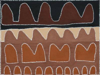 Australian Indigenous (Aboriginal and Torres Strait Islander) artwork by JOCK MOSQUITO of Warmun Artists. The title is Nicholson Yard Marriragoe. [WAC 108/09] (Natural Ochre and Pigments on Canvas)