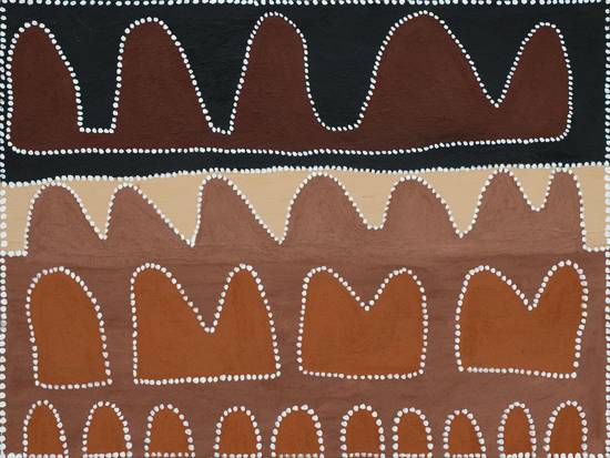 Australian Indigenous (Aboriginal and Torres Strait Islander) artwork by JOCK MOSQUITO of Warmun Artists. The title is Nicholson Yard Marriragoe. [WAC 108/09] (Natural Ochre and Pigments on Canvas)