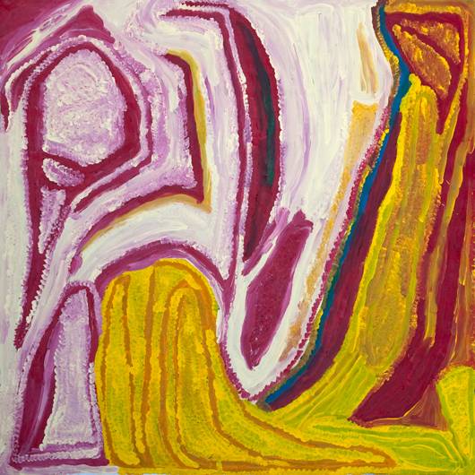 Australian Indigenous (Aboriginal and Torres Strait Islander) artwork by BUGAI WHYLOUTER of Martumili Artists. The title is Ninjarna. [08-812] (Acrylic on Linen)