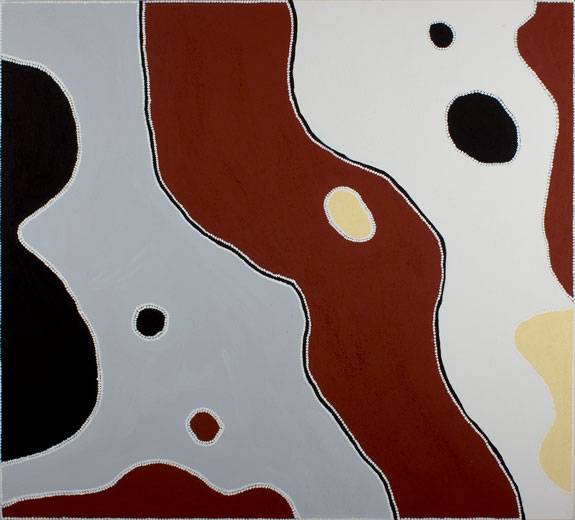 Australian Indigenous (Aboriginal and Torres Strait Islander) artwork by FREDDIE TIMMS of Warmun Artists. The title is No.2 Bore Lissadel Station. [JA076/08] (Natural Ochre and Pigments on Canvas)