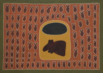 Australian Indigenous (Aboriginal and Torres Strait Islander) artwork by GABRIEL NODEA of Warmun Artists. The title is Norton Bore Kangaroo. [WAC 441/08] (Natural Ochre and Pigments on Canvas)