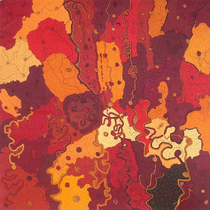 Australian Indigenous (Aboriginal and Torres Strait Islander) artwork by KEITH STEVENS of Tjungu Palya Artists. The title is Nyapari Old Time Story. [12168] (Acrylic on Linen)