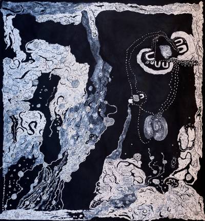 Australian Indigenous (Aboriginal and Torres Strait Islander) artwork by KEITH STEVENS of Tjungu Palya Artists. The title is Nyapari Tjukurpa. [20-071] (Synthetic Polymer Paint on Linen)