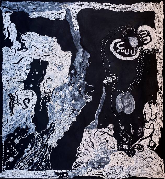 Australian Indigenous (Aboriginal and Torres Strait Islander) artwork by KEITH STEVENS of Tjungu Palya Artists. The title is Nyapari Tjukurpa. [20-071] (Synthetic Polymer Paint on Linen)