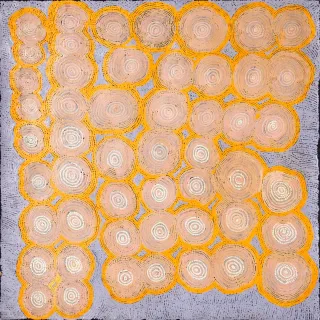 Australian Indigenous (Aboriginal and Torres Strait Islander) artwork by JOSEPHINE NANGALA of Papunya Tula Artists. The title is Nyilla. [JN0807113] (Acrylic on Linen)