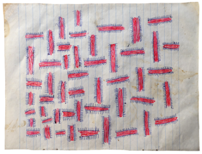 Australian Indigenous (Aboriginal and Torres Strait Islander) artwork by FATE SAVARI (ISAWDI) of Omie Artists. The title is Nyoni han’e - Dahorurajé clan emblem of the fern leaf. [12-215] (Ink on Schoolbook Paper)