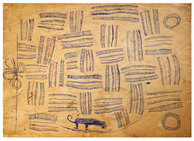 Australian Indigenous (Aboriginal and Torres Strait Islander) artwork by FATE SAVARI (ISAWDI) of Omie Artists. The title is Nyoni han’e, varib’e, ije biweje ohu’o jubuje - Leaves of the fern, Dahorurajé clan emblem, boys chopping tree branches and nocturnal marsupial (Fate Savari’s ‘signature’). [12-223] (Ink on Schoolbook Paper)