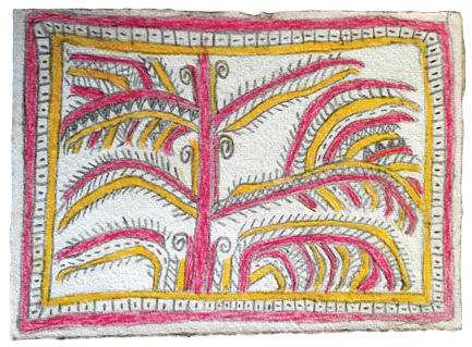 Australian Indigenous (Aboriginal and Torres Strait Islander) artwork by FATE SAVARI (ISAWDI) of Omie Artists. The title is Nyoni han’e - Nyonirajé clan emblem of the fern leaf. [14-239] (Pencil and Ink on Paper)