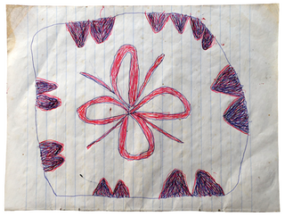 Australian Indigenous (Aboriginal and Torres Strait Islander) artwork by FATE SAVARI (ISAWDI) of Omie Artists. The title is Nyoni han’e ohu’o mahuva’oje - Dahorurajé clan emblem of the fern leaf and pig hoof-prints. [12-210] (Ink on Schoolbook Paper)