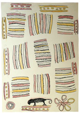 Australian Indigenous (Aboriginal and Torres Strait Islander) artwork by FATE SAVARI (ISAWDI) of Omie Artists. The title is Nyoni han’e, varib’e, ije biweje ohu’o jubuje - Dahorurajé clan emblems of the leaves of the fern, boys chopping tree branches, nocturnal marsupial. [12-234] (Ink and Pencil on Card)