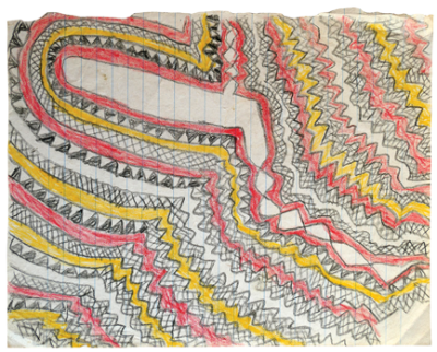 Australian Indigenous (Aboriginal and Torres Strait Islander) artwork by FATE SAVARI (ISAWDI) of Omie Artists. The title is Nyonirajé clan story of the ancestor’s footprint in the stone at Uborida (Jordan River in the Gora valley). [12-227] (Pencil on Schoolbook Paper)