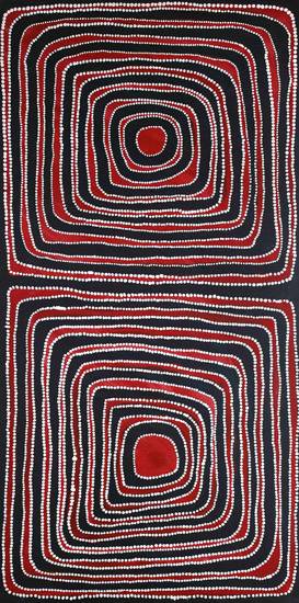 Australian Indigenous (Aboriginal and Torres Strait Islander) artwork by MAWUKURA JIMMY NERRIMAH of Mangkaja Artists. The title is Nyunjun & Wyingnula Jila (Waterholes). [271/06] (Acrylic on Canvas)