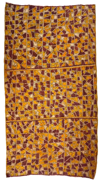 Australian Indigenous (Aboriginal and Torres Strait Islander) artwork by NERRY KEME (NAMUNO) of Omie Artists. The title is Obohutaigué - Tattoo Design of the Tree Bark Pattern. [OM12-019] (Natural Pigments on Nioge (Woman’s Barkcloth Skirt))