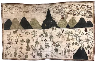 Australian Indigenous (Aboriginal and Torres Strait Islander) artwork by REX WARRIMOU (SABIO) of Omie Artists. The title is Our Creation (&Ouml;mie Creation). [17-018] (Natural Pigments on Nioge (Barkcloth))