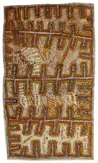 Australian Indigenous (Aboriginal and Torres Strait Islander) artwork by SARAH UGIBARI of Omie Artists. The title is Obohutaigu’e – Ancestors tattoo design of the chin (tree bark pattern). [15-038] (Natural Pigments on Nioge (Barkcloth))