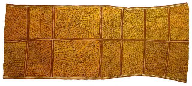 Australian Indigenous (Aboriginal and Torres Strait Islander) artwork by VIVIAN MARUMI (ROSUJA) of Omie Artists. The title is Odunaigë – Jungle Vines. [OM12-018] (Natural Pigments on Nioge (Woman’s Barkcloth Skirt))